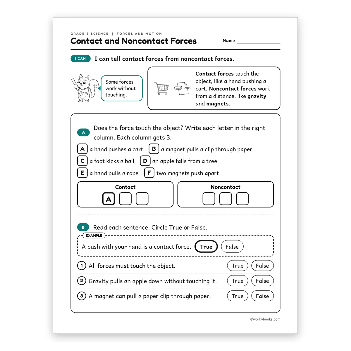3rd Grade Contact and Noncontact Forces — science worksheet for Grade 3, page 1 of 2