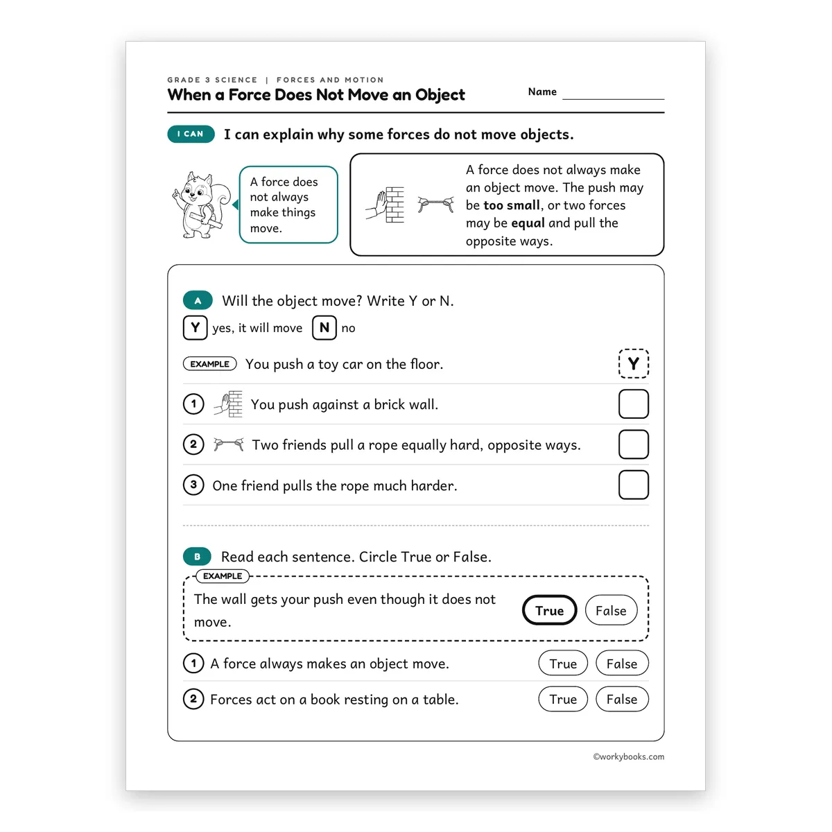 3rd Grade When a Force Does Not Move an Object — science worksheet for Grade 3, page 1 of 2