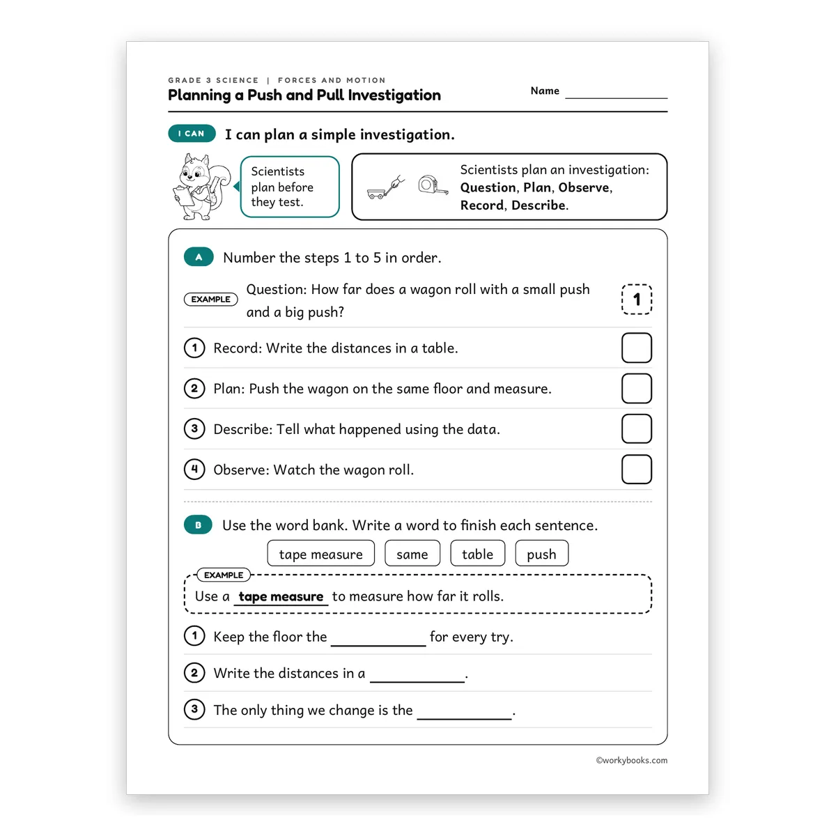 3rd Grade Planning a Push and Pull Investigation — science worksheet for Grade 3, page 1 of 2
