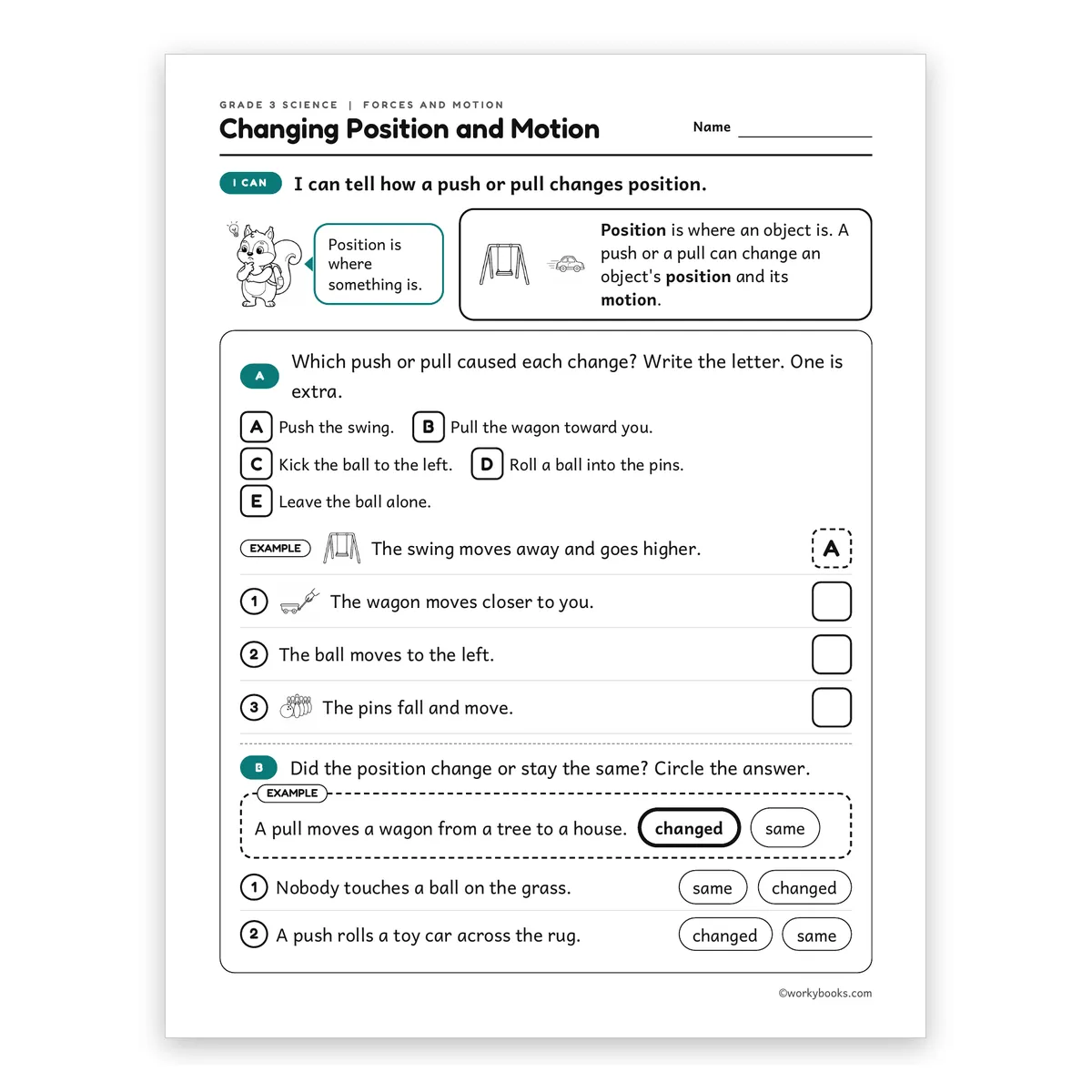 3rd Grade Changing Position and Motion — science worksheet for Grade 3, page 1 of 2