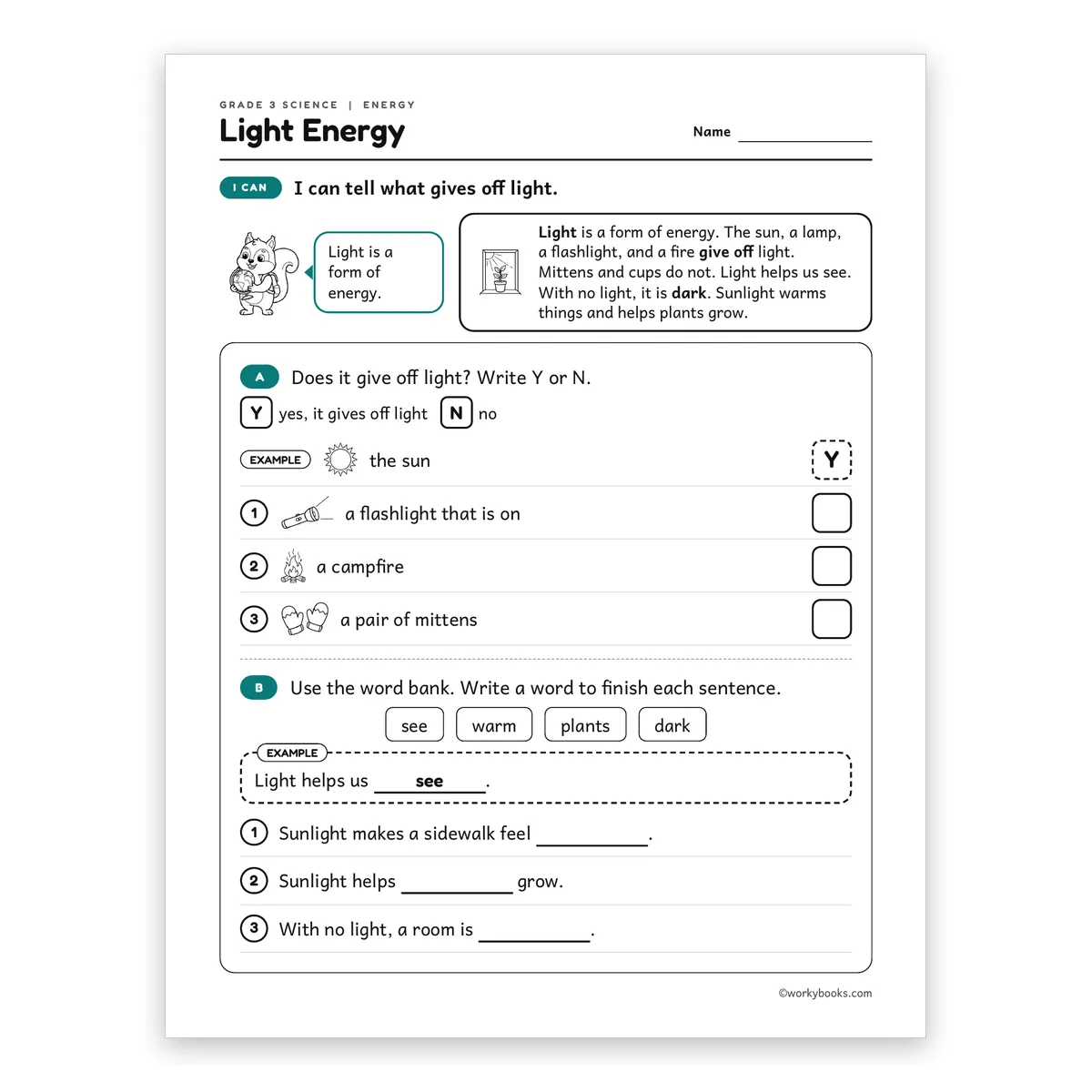 3rd Grade Light Energy — science worksheet for Grade 3, page 1 of 2