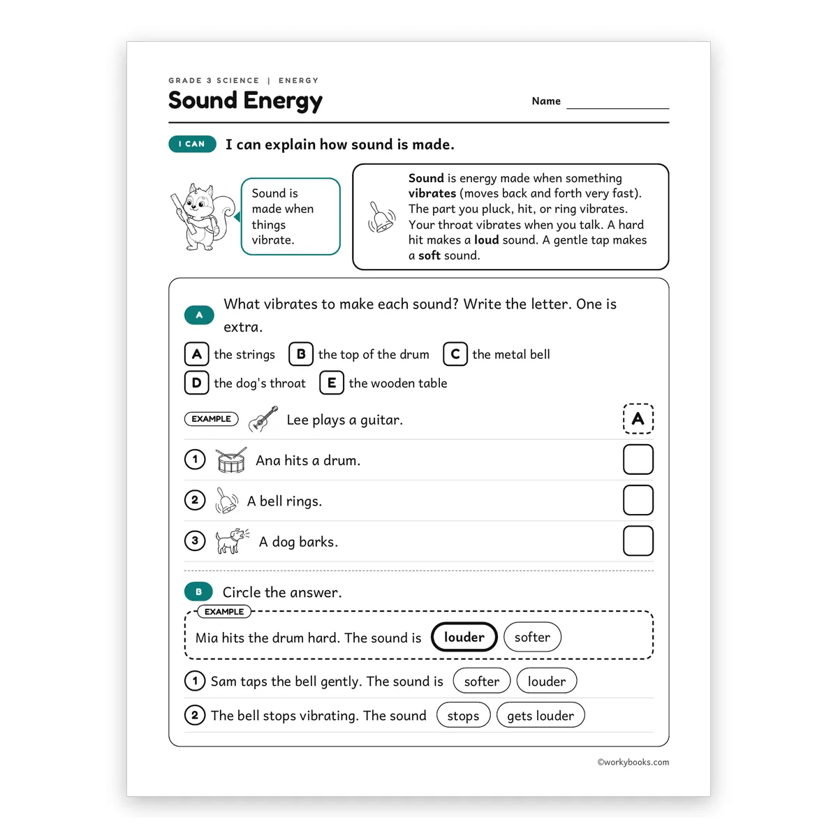 3rd Grade Sound Energy — science worksheet for Grade 3, page 1 of 2