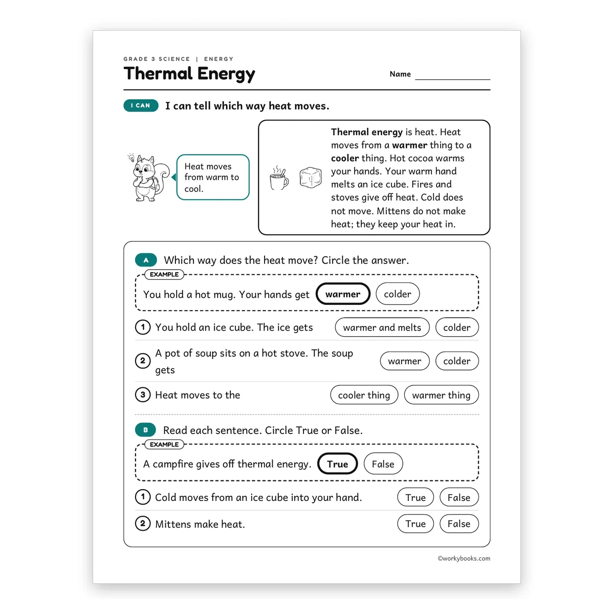3rd Grade Thermal Energy — science worksheet for Grade 3, page 1 of 2