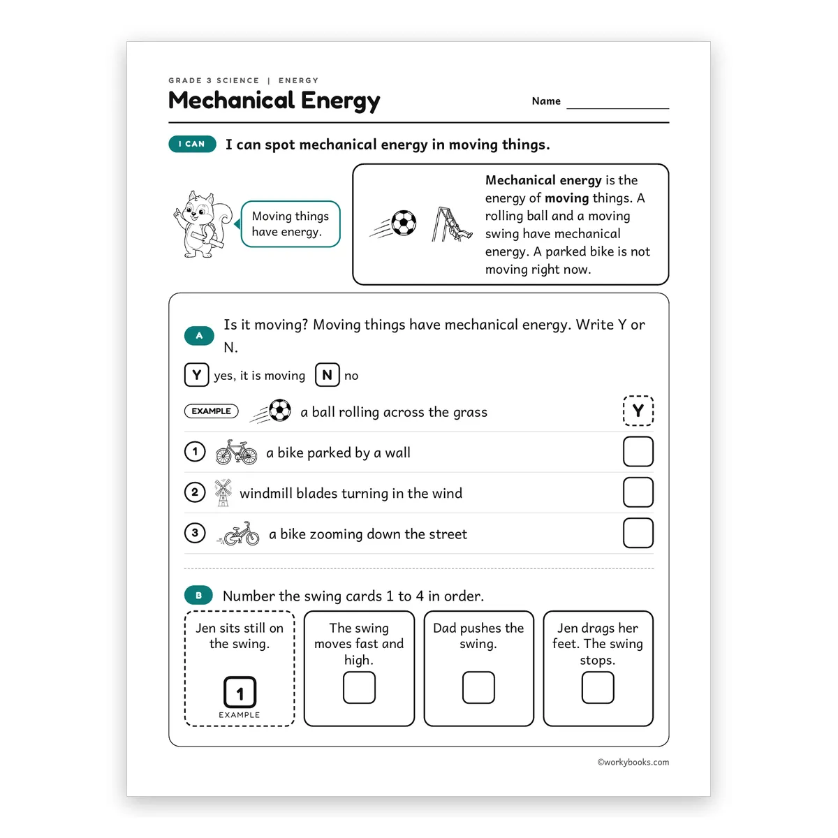 3rd Grade Mechanical Energy — science worksheet for Grade 3, page 1 of 2