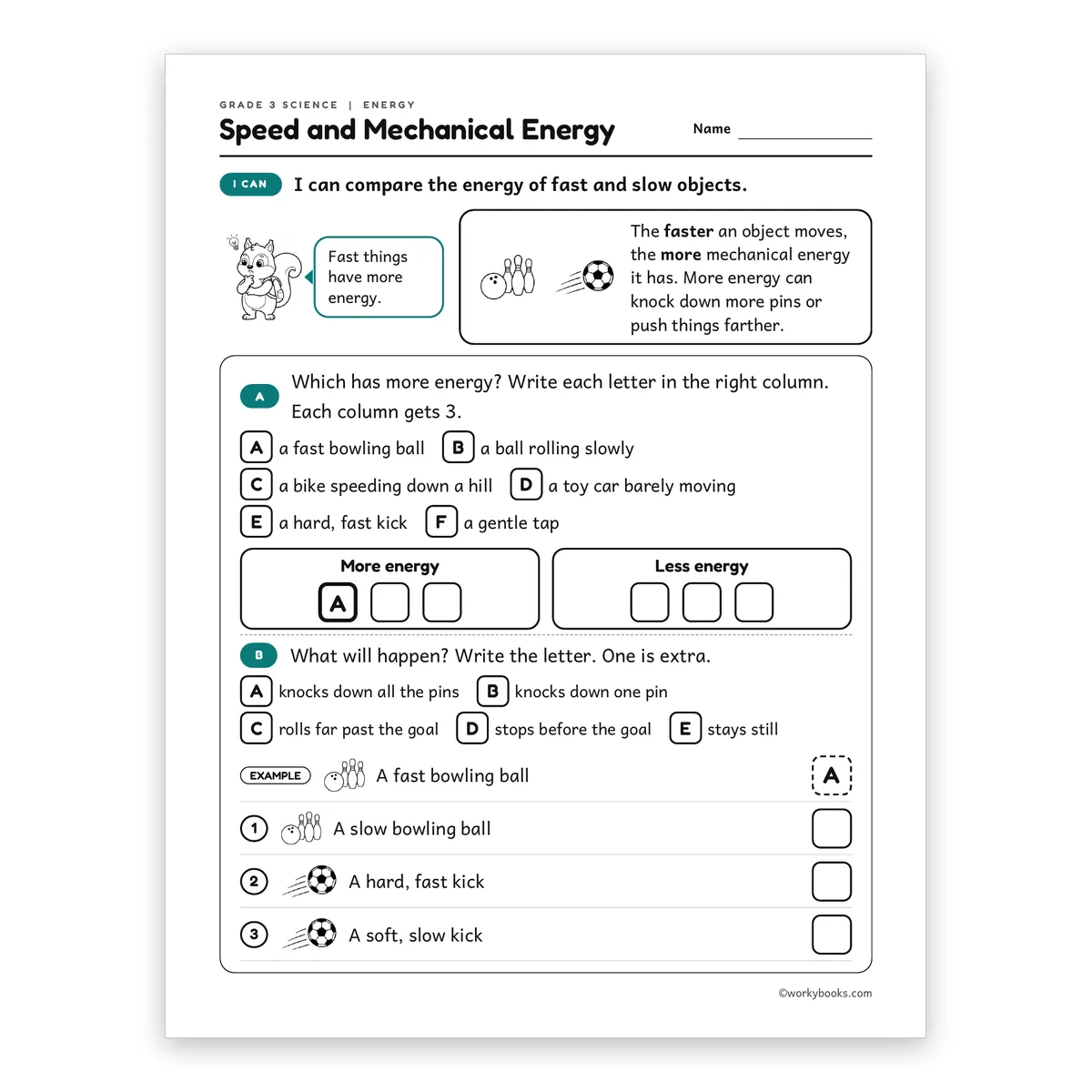 3rd Grade Speed and Mechanical Energy — science worksheet for Grade 3, page 1 of 2