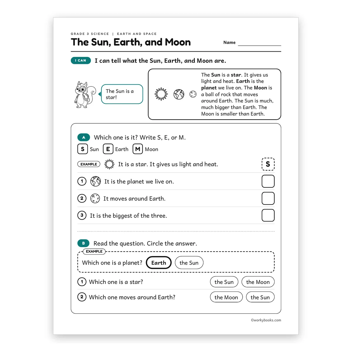 3rd Grade The Sun, Earth, and Moon — science worksheet for Grade 3, page 1 of 2