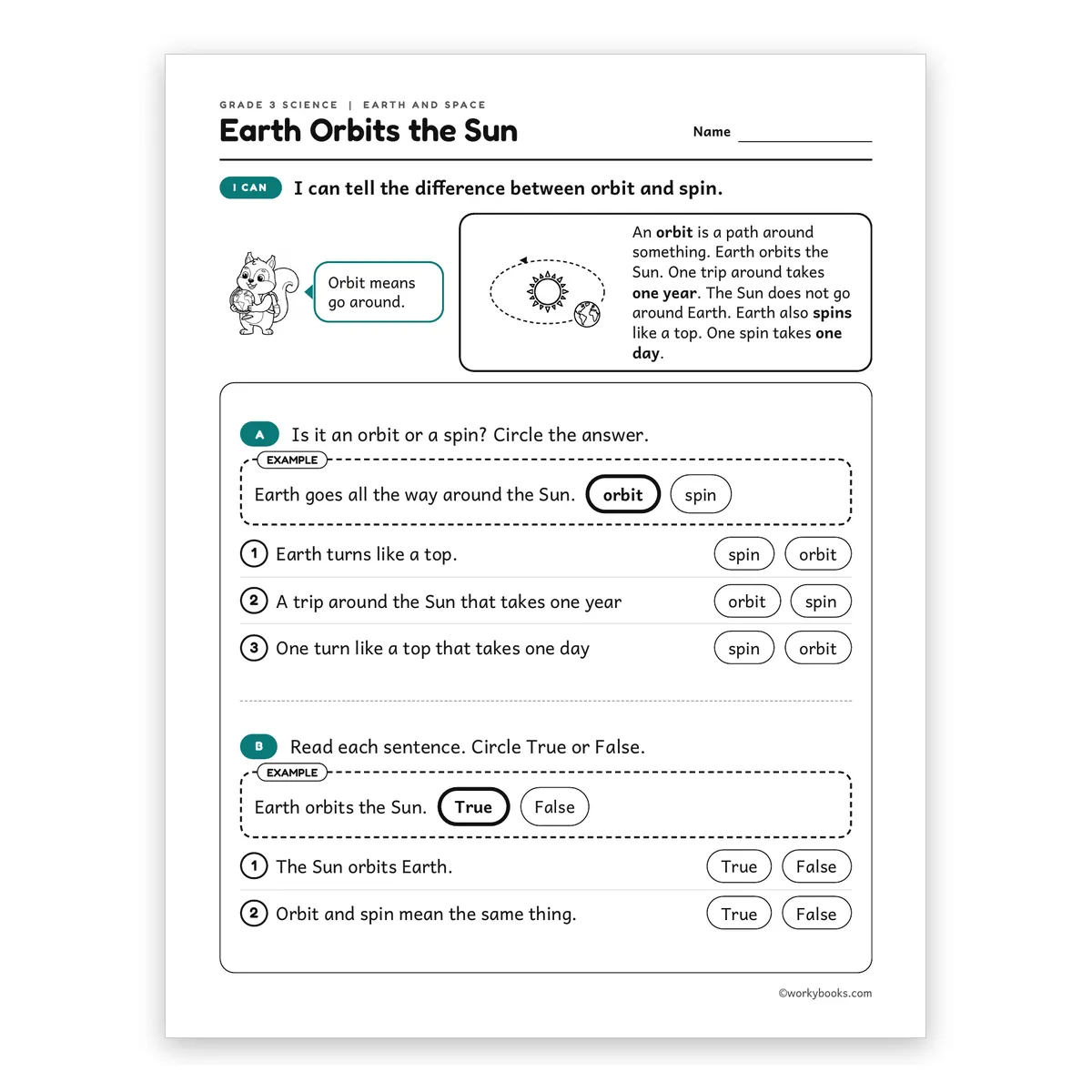 3rd Grade Earth Orbits the Sun — science worksheet for Grade 3, page 1 of 2