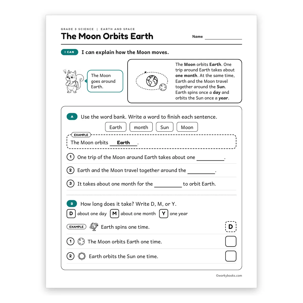 3rd Grade The Moon Orbits Earth — science worksheet for Grade 3, page 1 of 2
