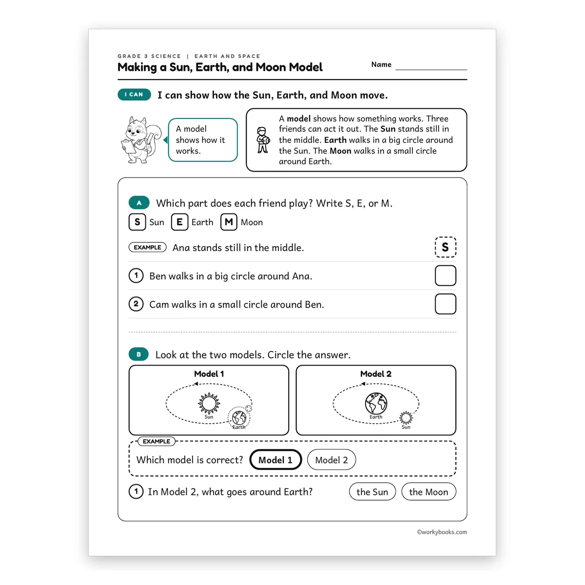 3rd Grade Making a Sun, Earth, and Moon Model — science worksheet for Grade 3, page 1 of 2