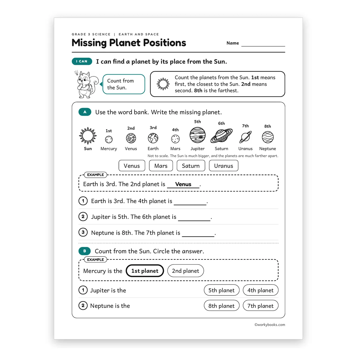 3rd Grade Missing Planet Positions — science worksheet for Grade 3, page 1 of 2