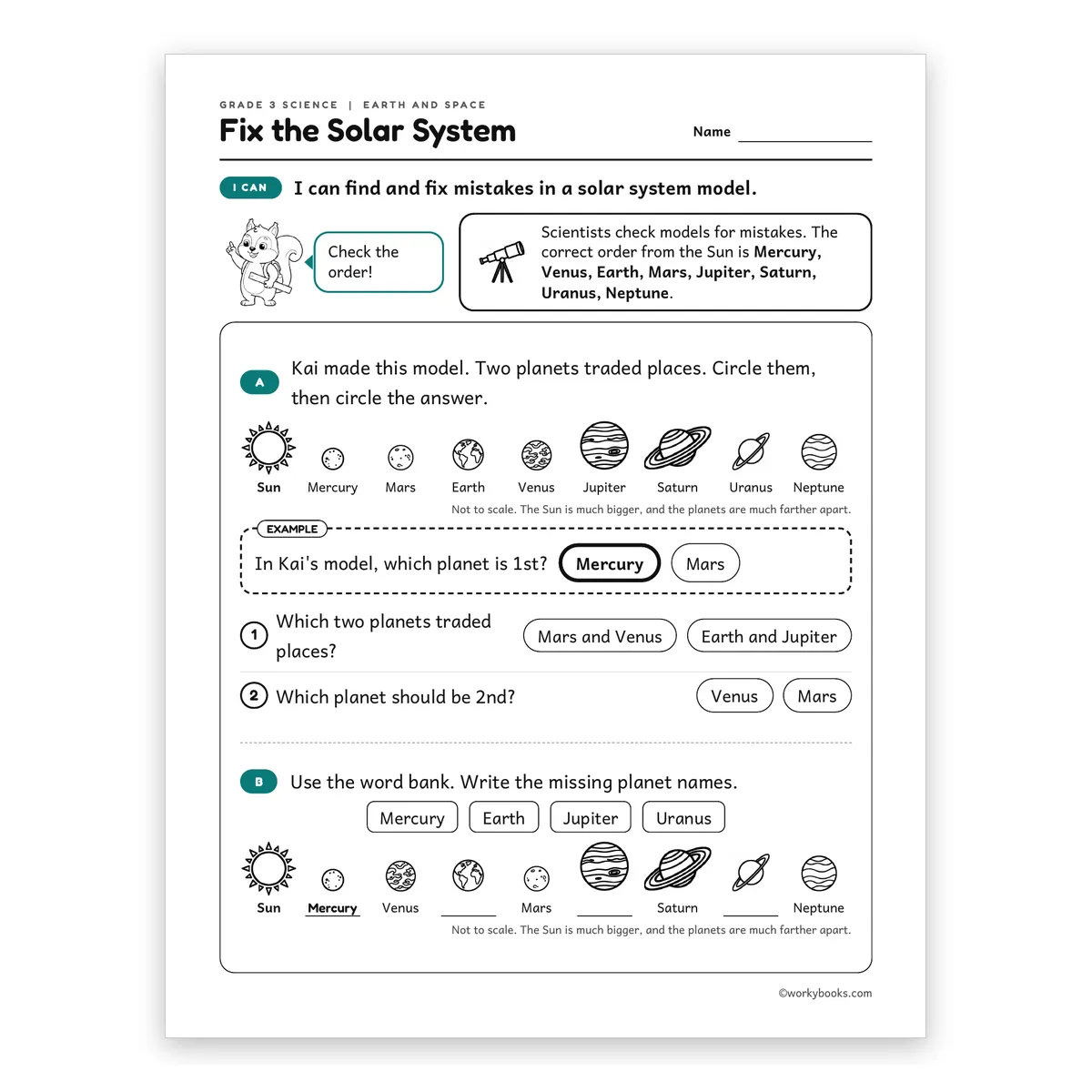 3rd Grade Fix the Solar System — science worksheet for Grade 3, page 1 of 2
