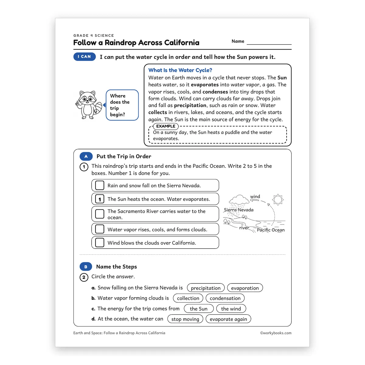 Follow a Raindrop Across California — science worksheet for Grade 4, page 1 of 2