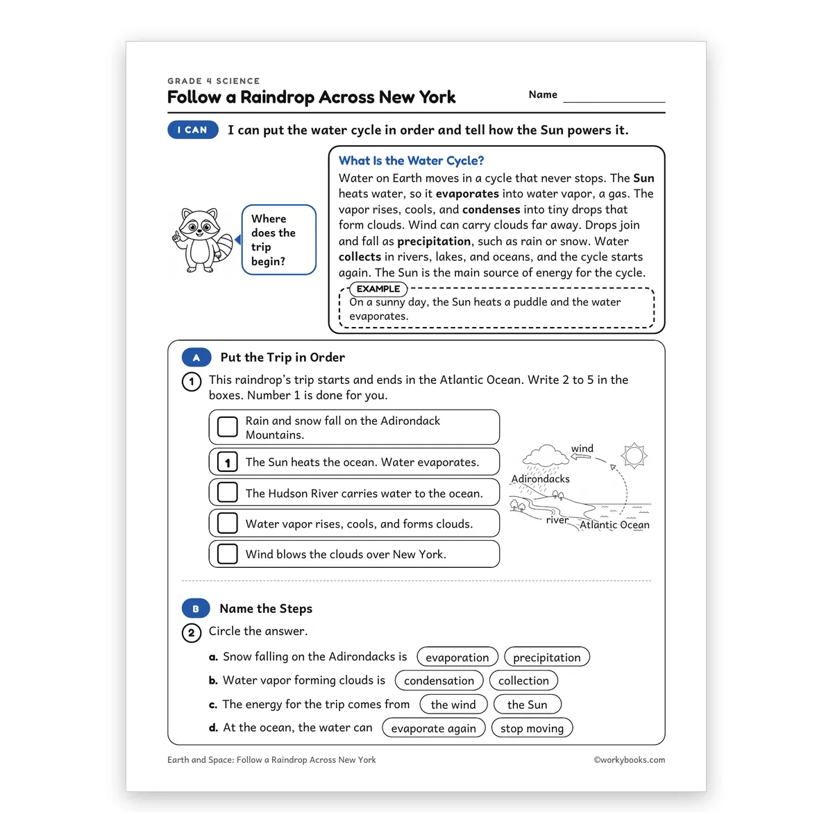 Follow a Raindrop Across New York — science worksheet for Grade 4, page 1 of 2
