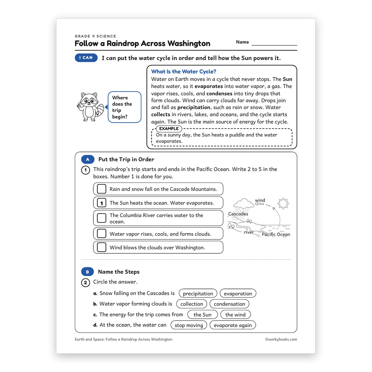 Follow a Raindrop Across Washington — science worksheet for Grade 4, page 1 of 2