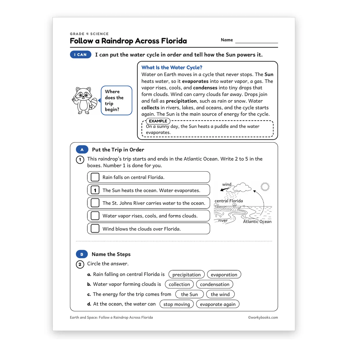 Follow a Raindrop Across Florida — science worksheet for Grade 4, page 1 of 2
