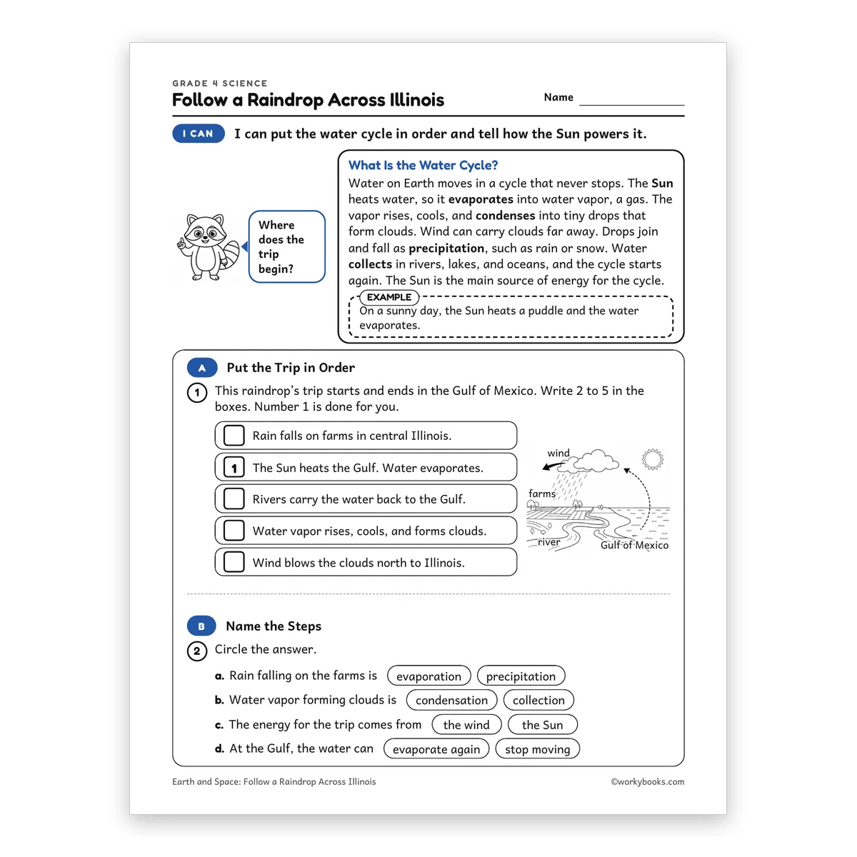 Follow a Raindrop Across Illinois — science worksheet for Grade 4, page 1 of 2