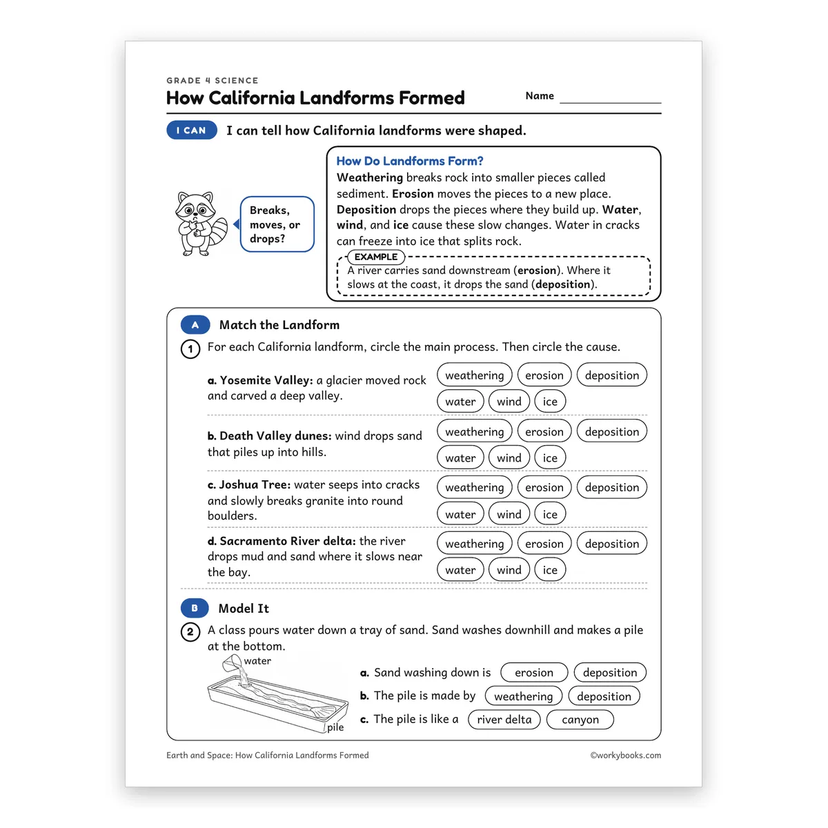 How California Landforms Formed — science worksheet for Grade 4, page 1 of 2