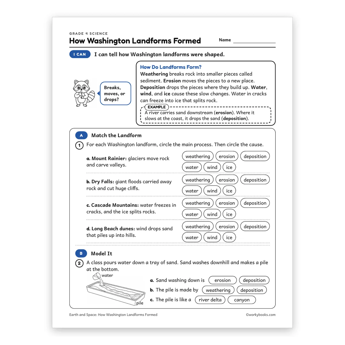 How Washington Landforms Formed — science worksheet for Grade 4, page 1 of 2