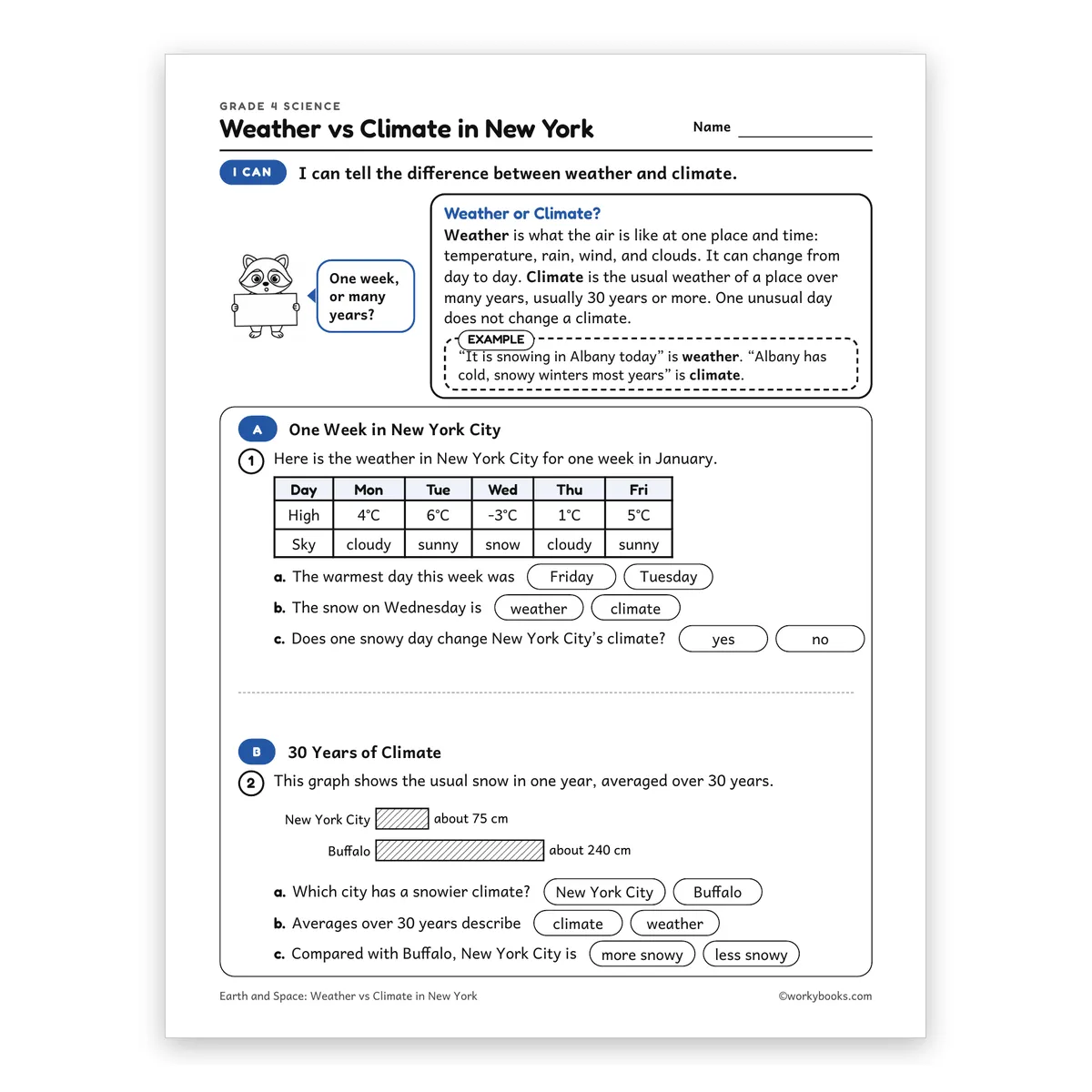 Weather vs Climate in New York — science worksheet for Grade 4, page 1 of 2