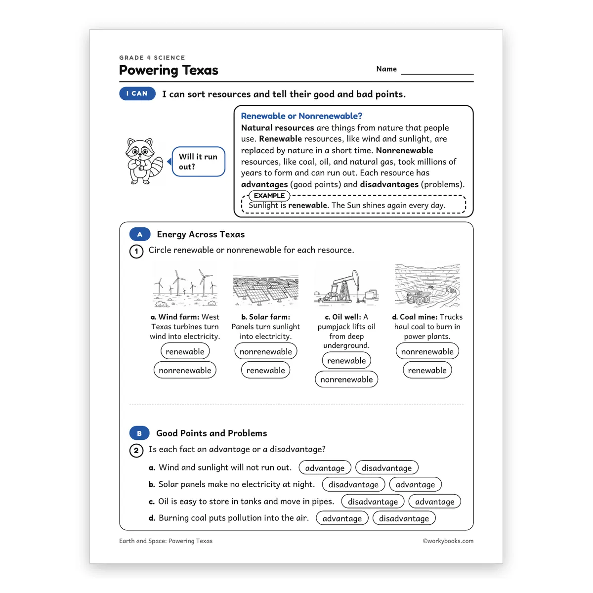 Powering Texas — science worksheet for Grade 4, page 1 of 2