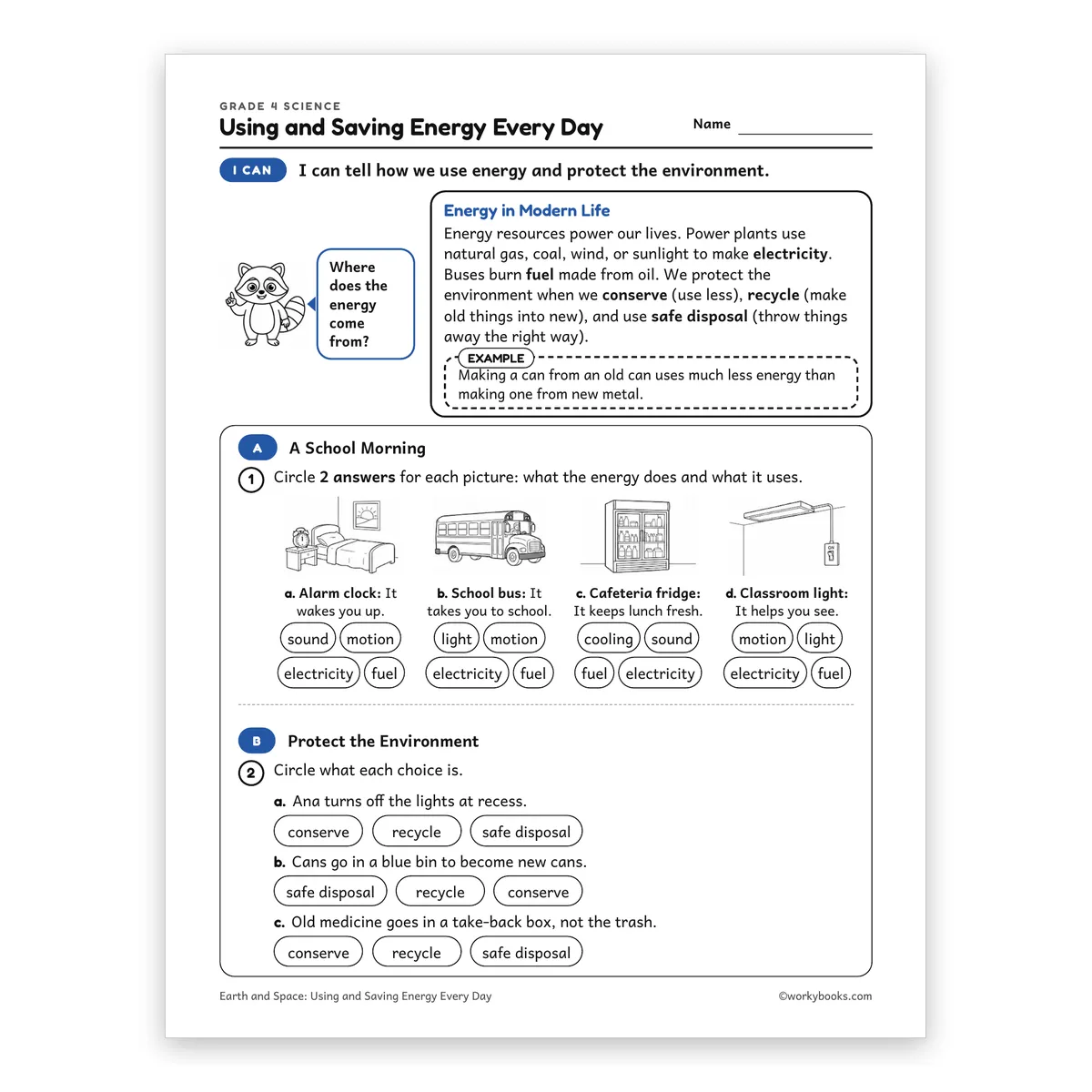 Using and Saving Energy Every Day — science worksheet for Grade 4, page 1 of 2