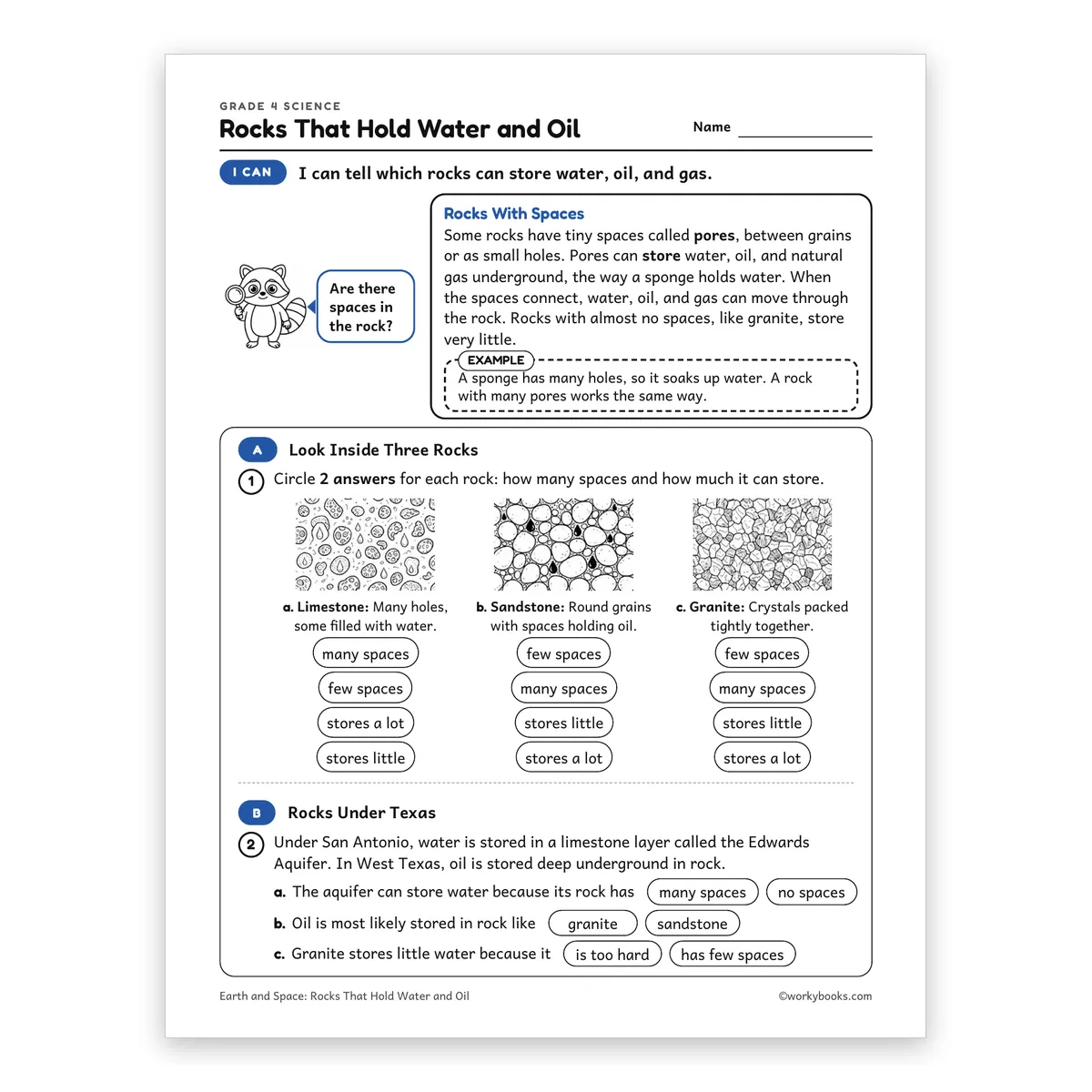 Rocks That Hold Water and Oil — science worksheet for Grade 4, page 1 of 2