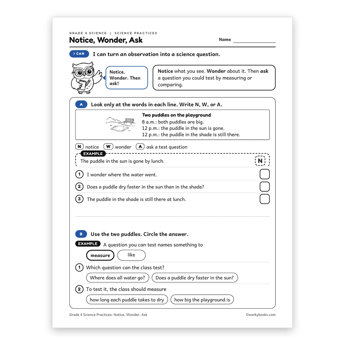 Notice, Wonder, Ask — science worksheet for Grade 4, page 1 of 2