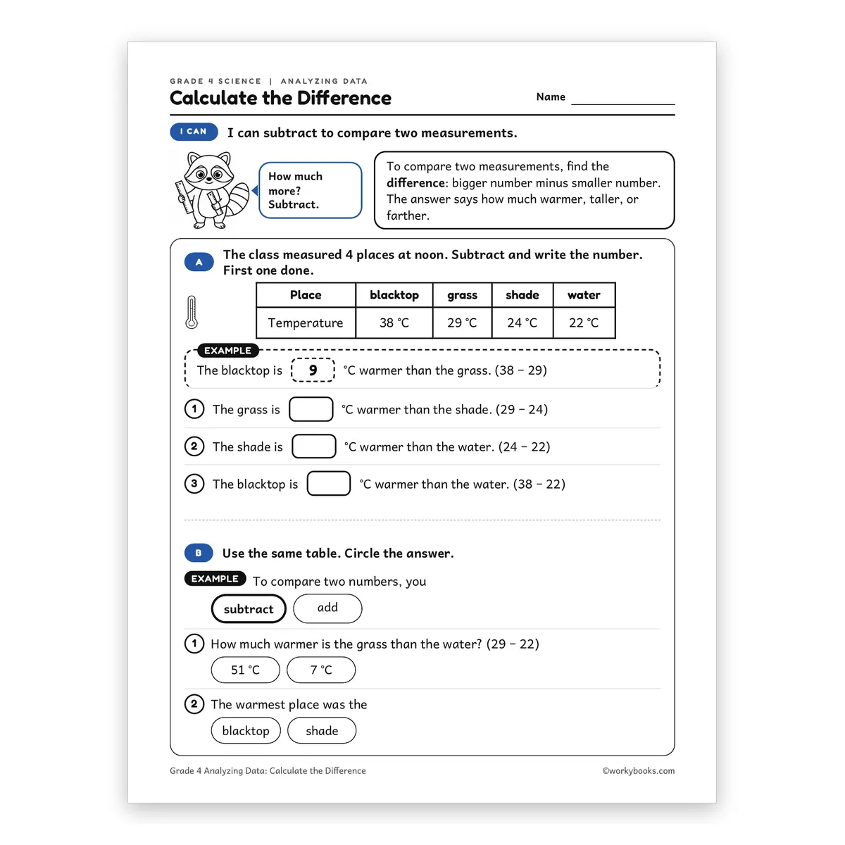 Calculate the Difference — science worksheet for Grade 4, page 1 of 2