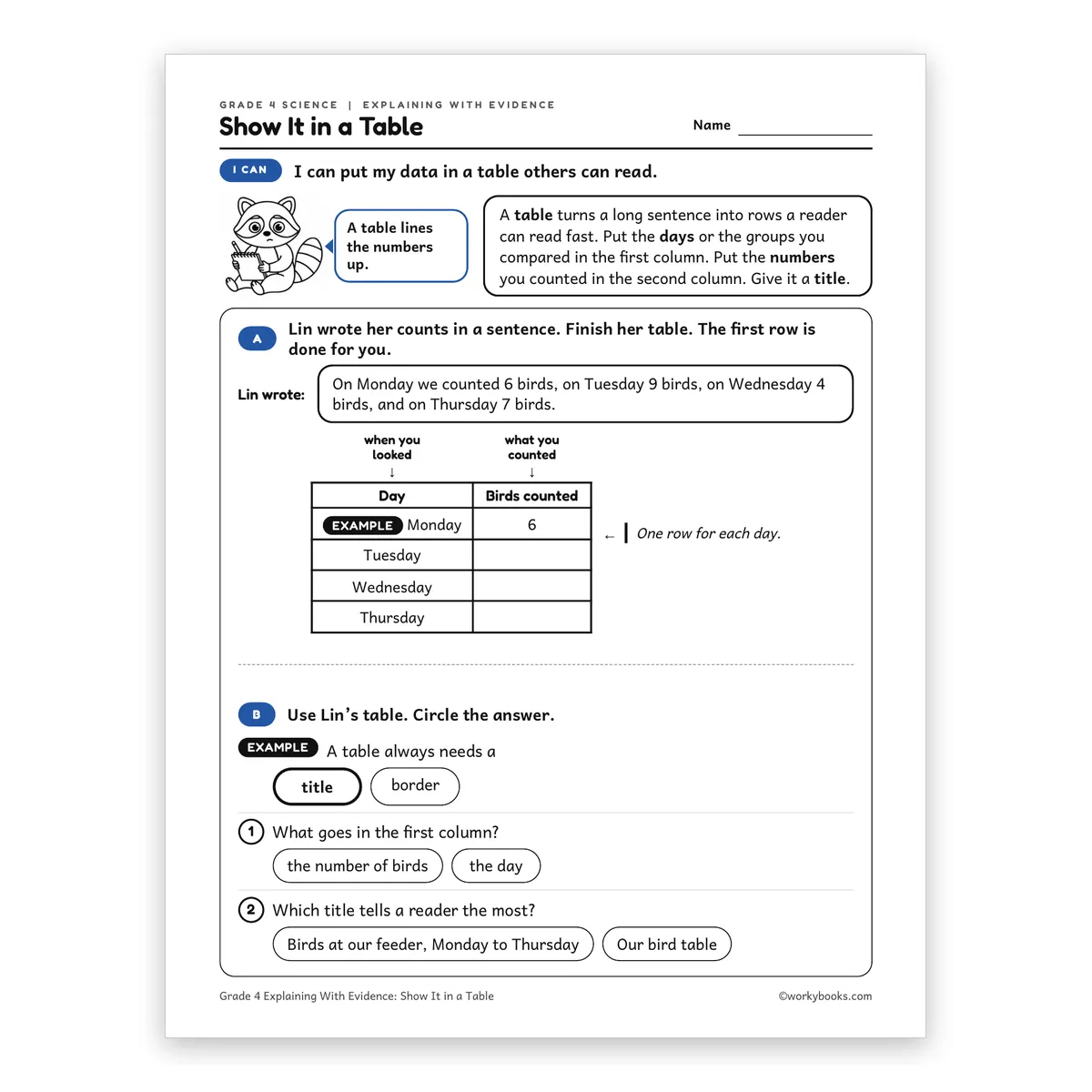 Show It in a Table — science worksheet for Grade 4, page 1 of 2