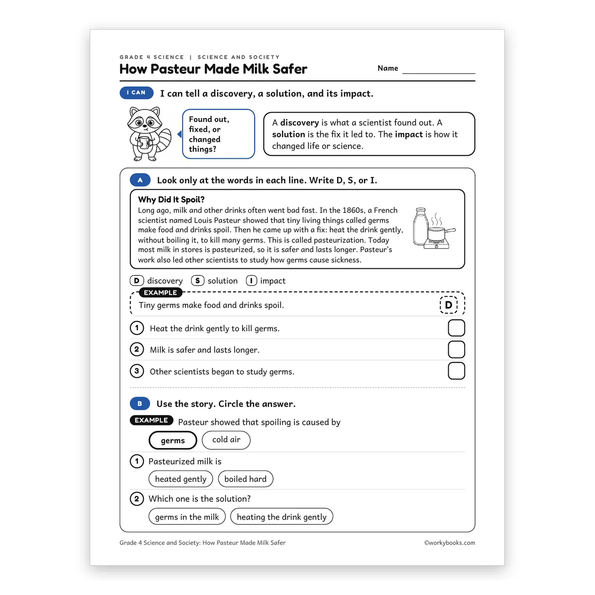 How Pasteur Made Milk Safer — science worksheet for Grade 4, page 1 of 2