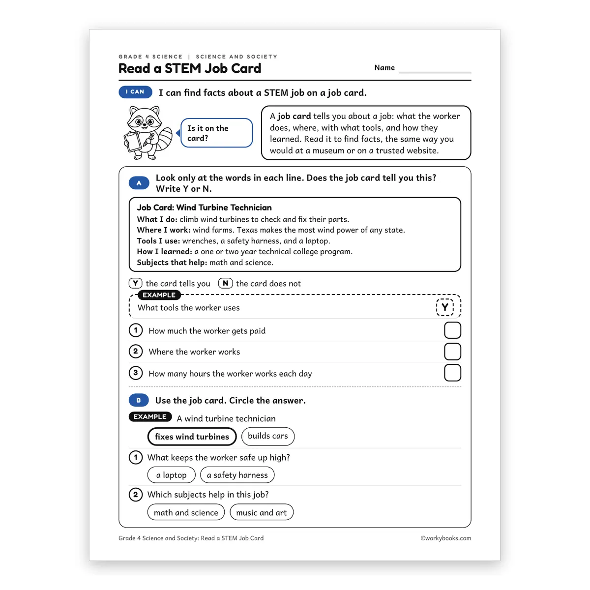 Read a STEM Job Card — science worksheet for Grade 4, page 1 of 2