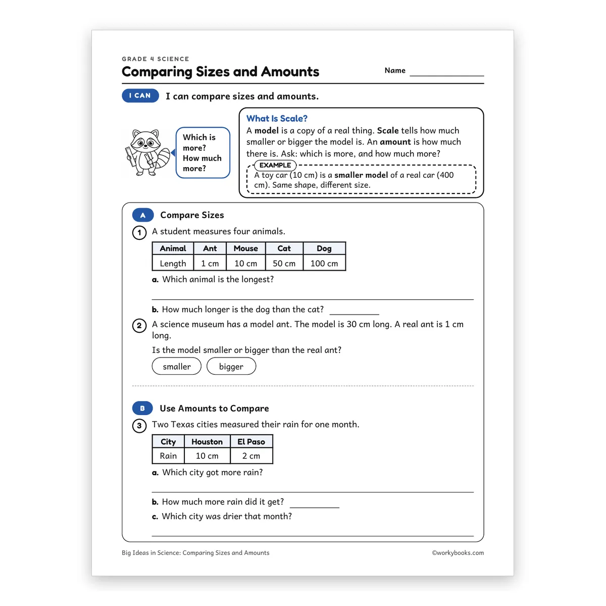 Comparing Sizes and Amounts — science worksheet for Grade 4, page 1 of 2