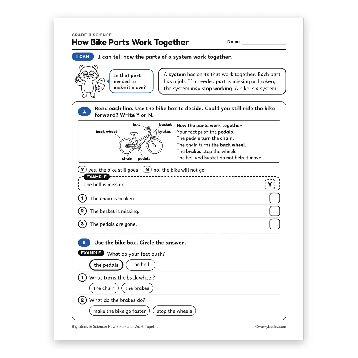 How Bike Parts Work Together — science worksheet for Grade 4, page 1 of 2