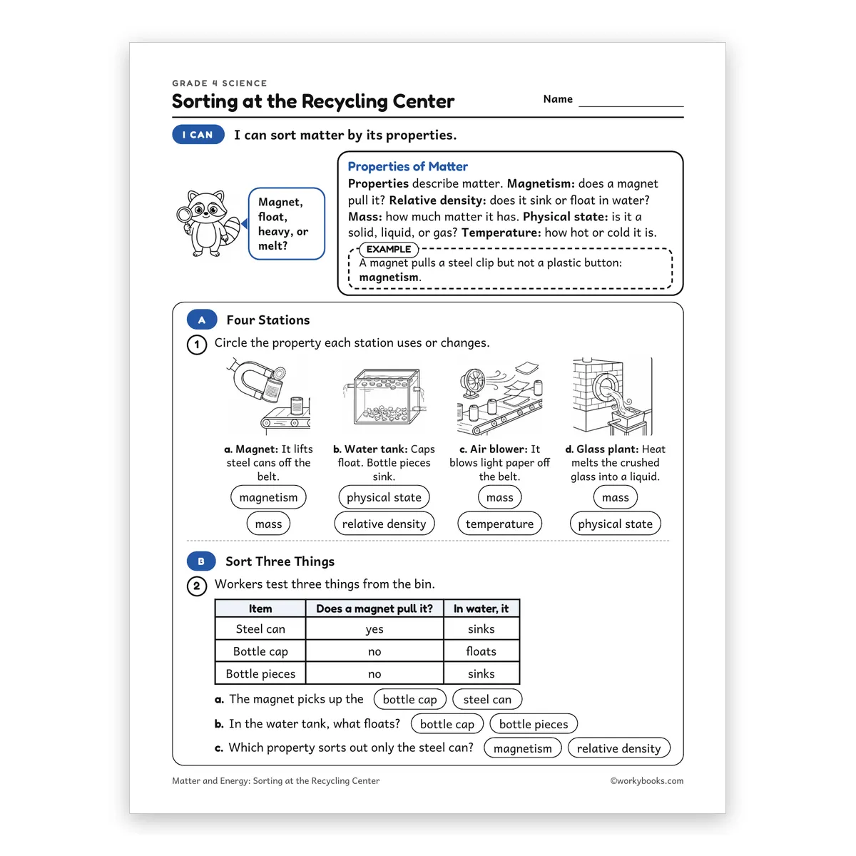 Sorting at the Recycling Center — science worksheet for Grade 4, page 1 of 2