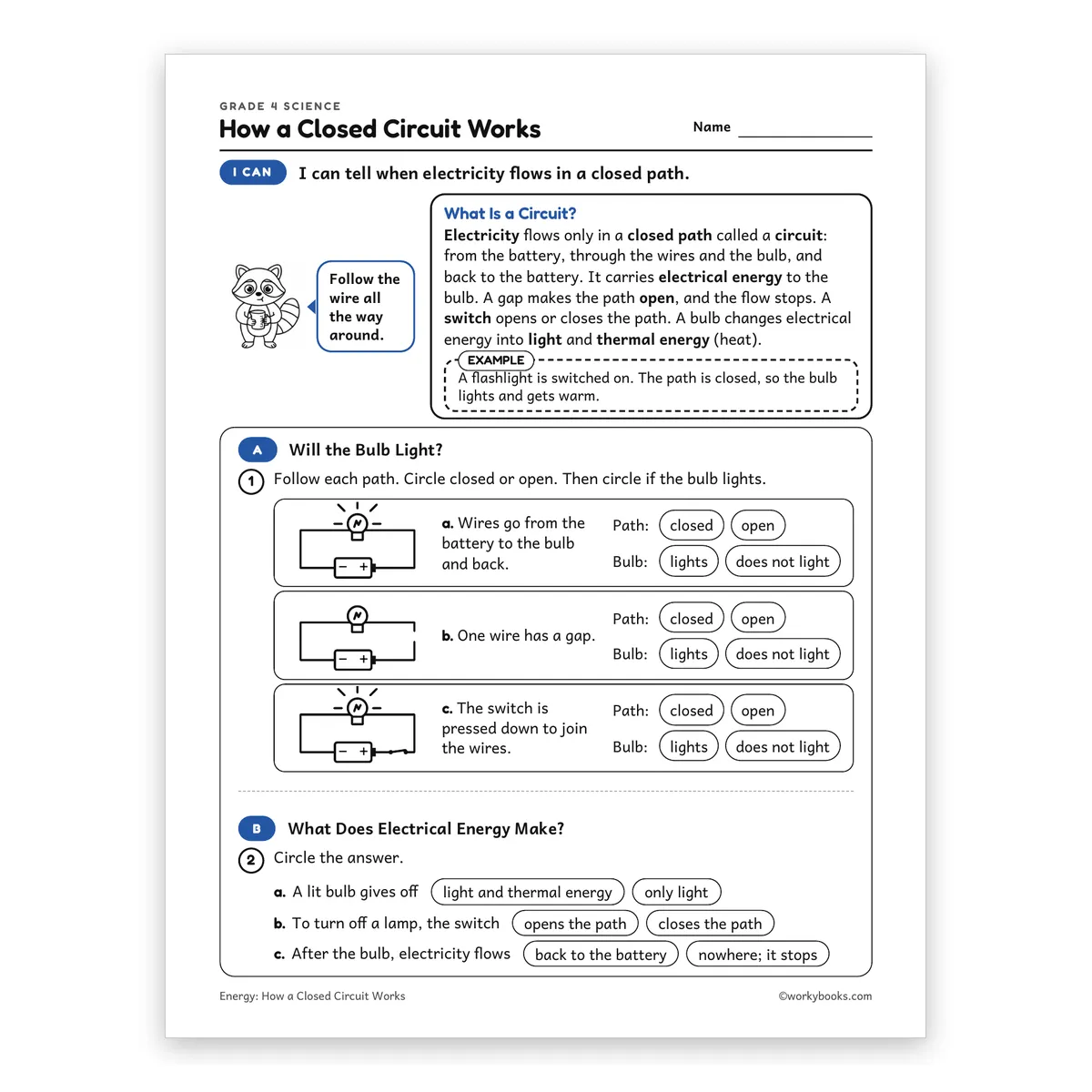 How a Closed Circuit Works — science worksheet for Grade 4, page 1 of 2