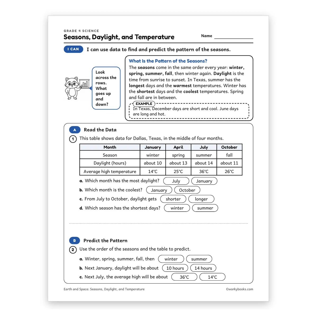 Seasons, Daylight, and Temperature — science worksheet for Grade 4, page 1 of 2