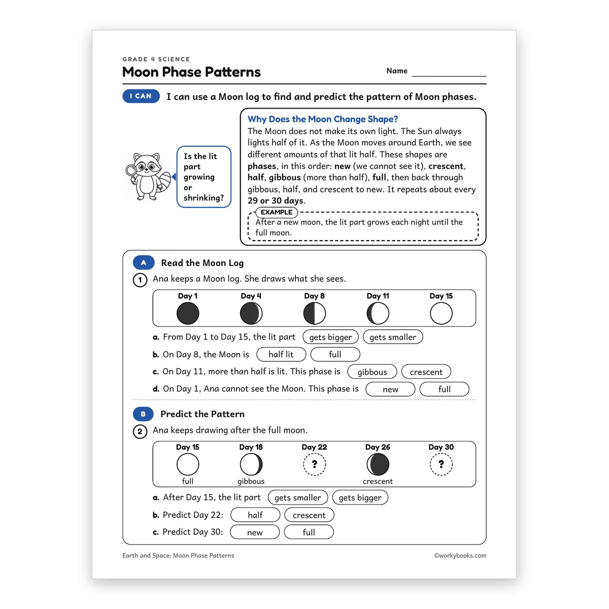 Moon Phase Patterns — science worksheet for Grade 4, page 1 of 2
