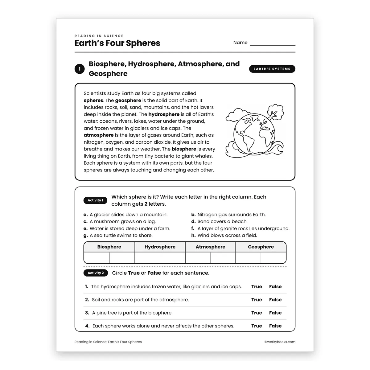 Earth’s Four Spheres — science worksheet for Grade 6, page 1 of 2