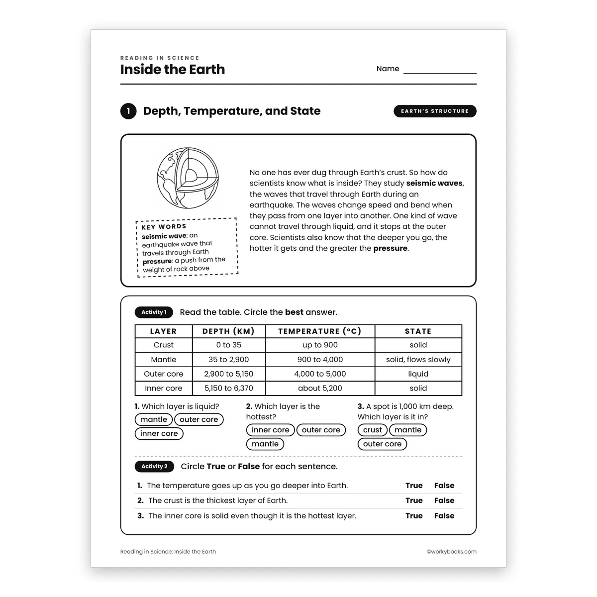 Inside the Earth — science worksheet for Grade 6, page 1 of 2