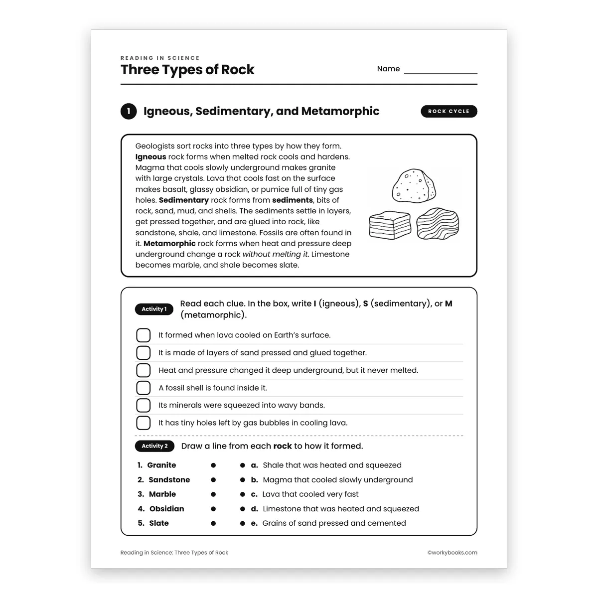 Three Types of Rock — science worksheet for Grade 6, page 1 of 2