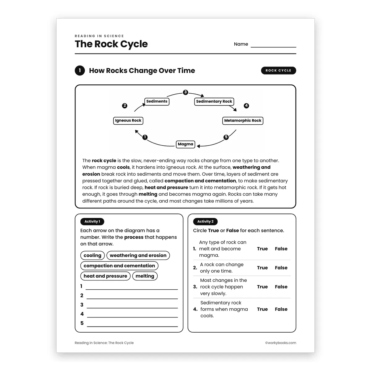 The Rock Cycle — science worksheet for Grade 6, page 1 of 2