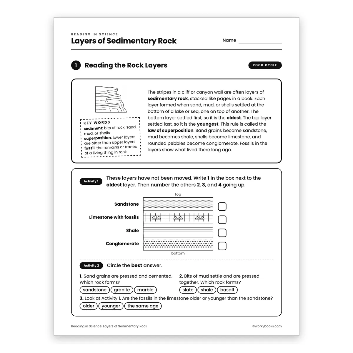 Layers of Sedimentary Rock — science worksheet for Grade 6, page 1 of 2