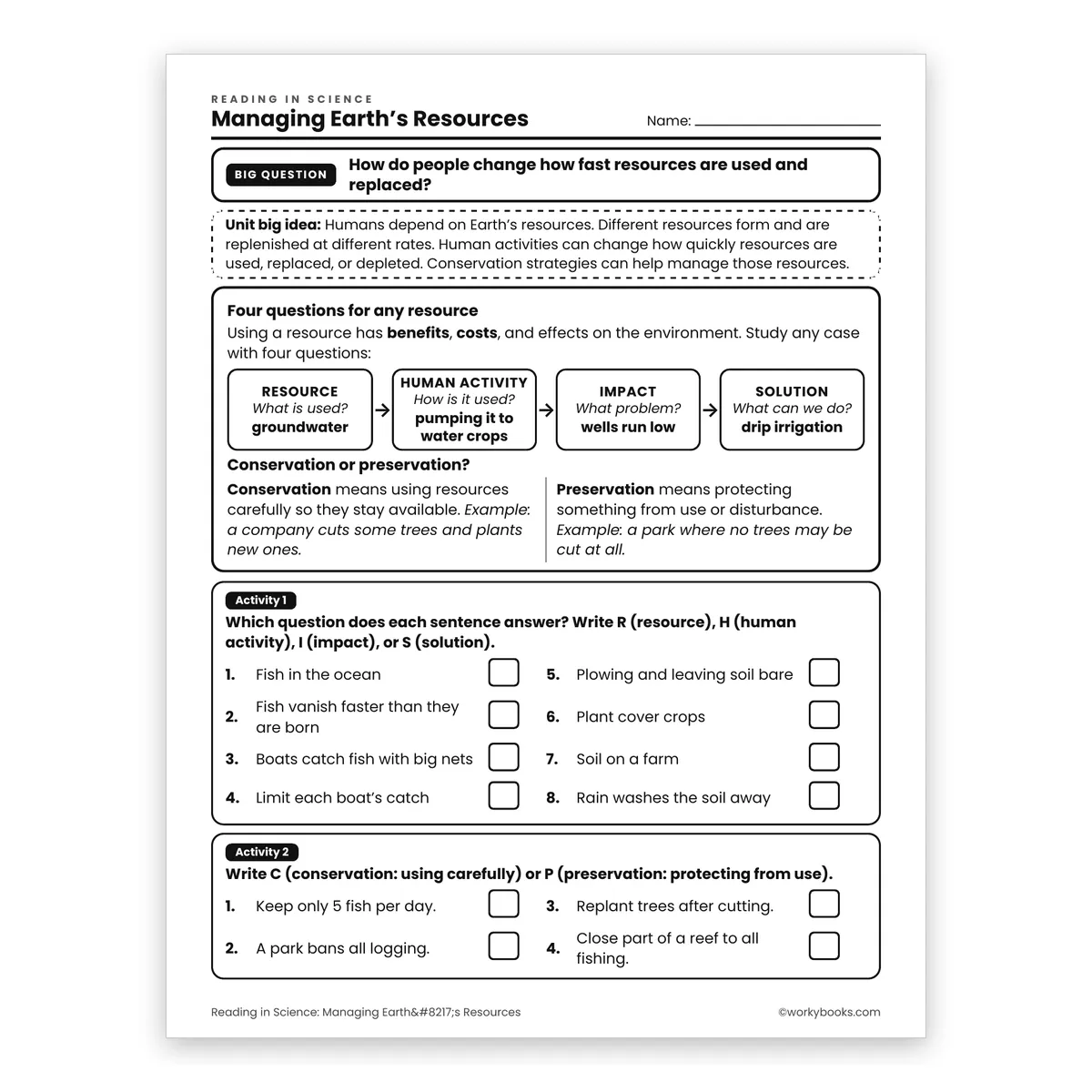 Managing Earth’s Resources — science worksheet for Grade 6, page 1 of 2