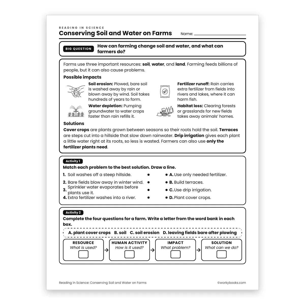 Conserving Soil and Water on Farms — science worksheet for Grade 6, page 1 of 2