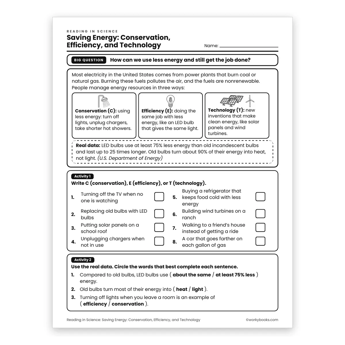 Saving Energy: Conservation, Efficiency, and Technology — science worksheet for Grade 6, page 1 of 2