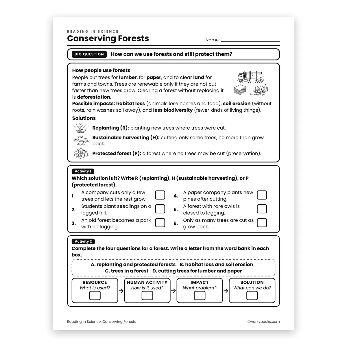 Conserving Forests — science worksheet for Grade 6, page 1 of 2