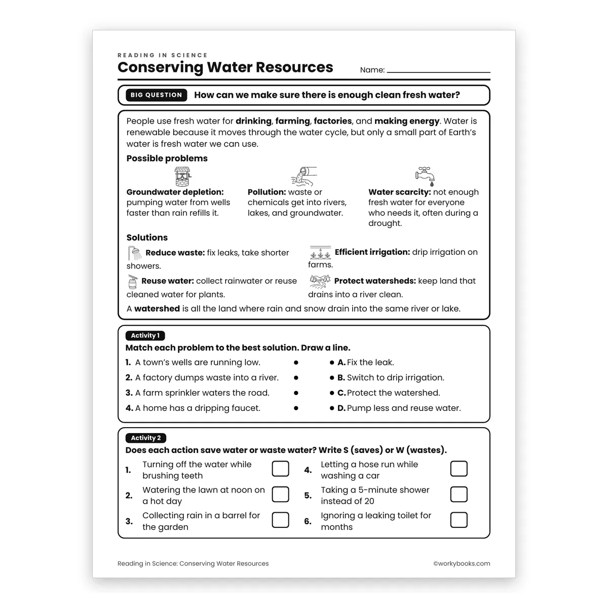 Conserving Water Resources — science worksheet for Grade 6, page 1 of 2