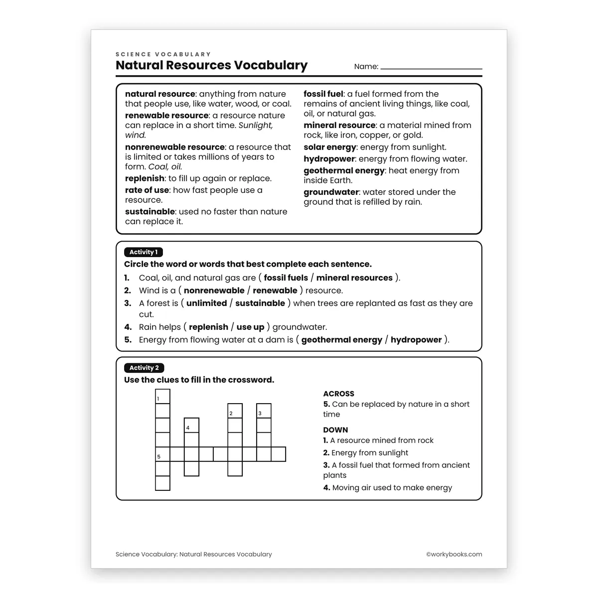 Natural Resources Vocabulary — science worksheet for Grade 6, page 1 of 2