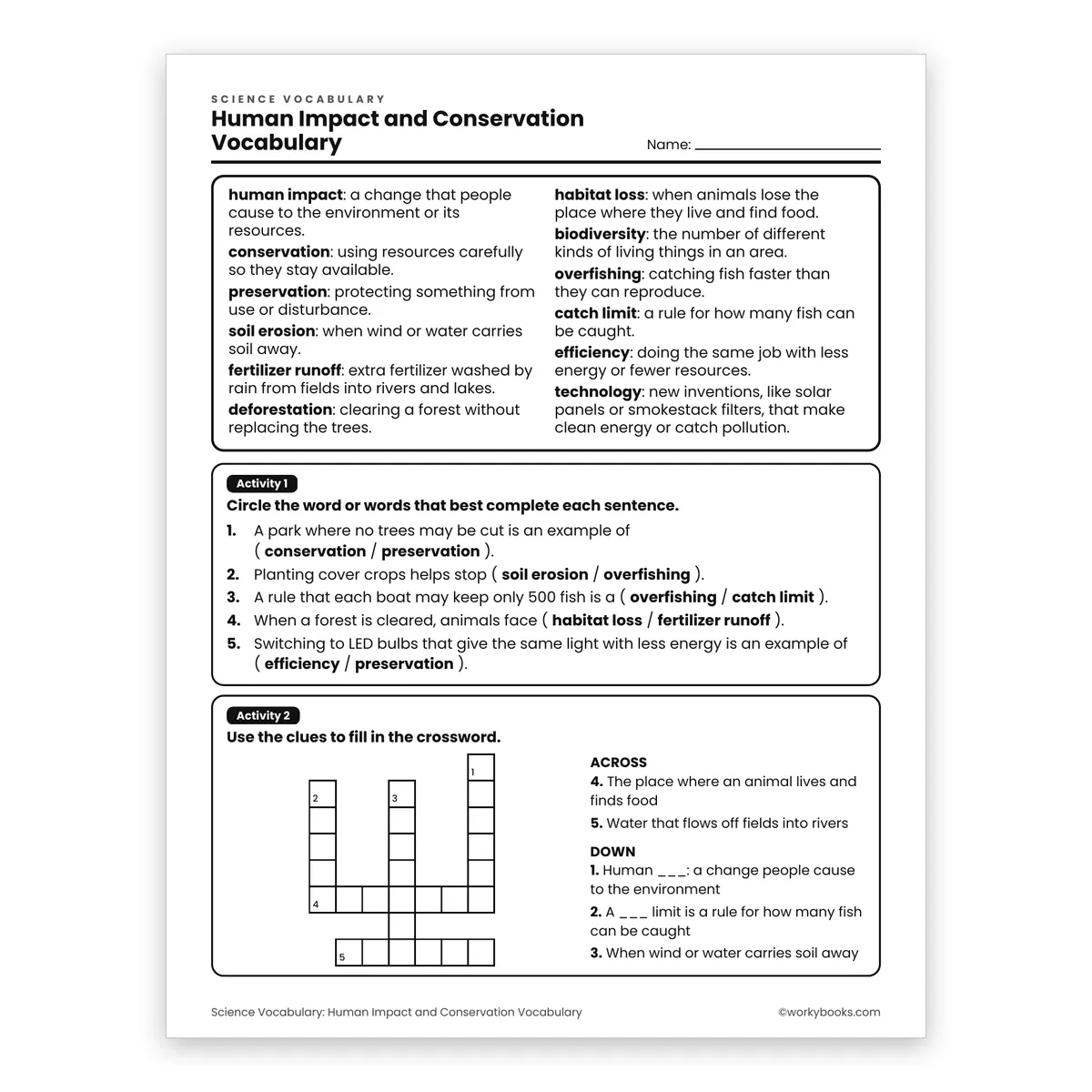 Human Impact and Conservation Vocabulary — science worksheet for Grade 6, page 1 of 2