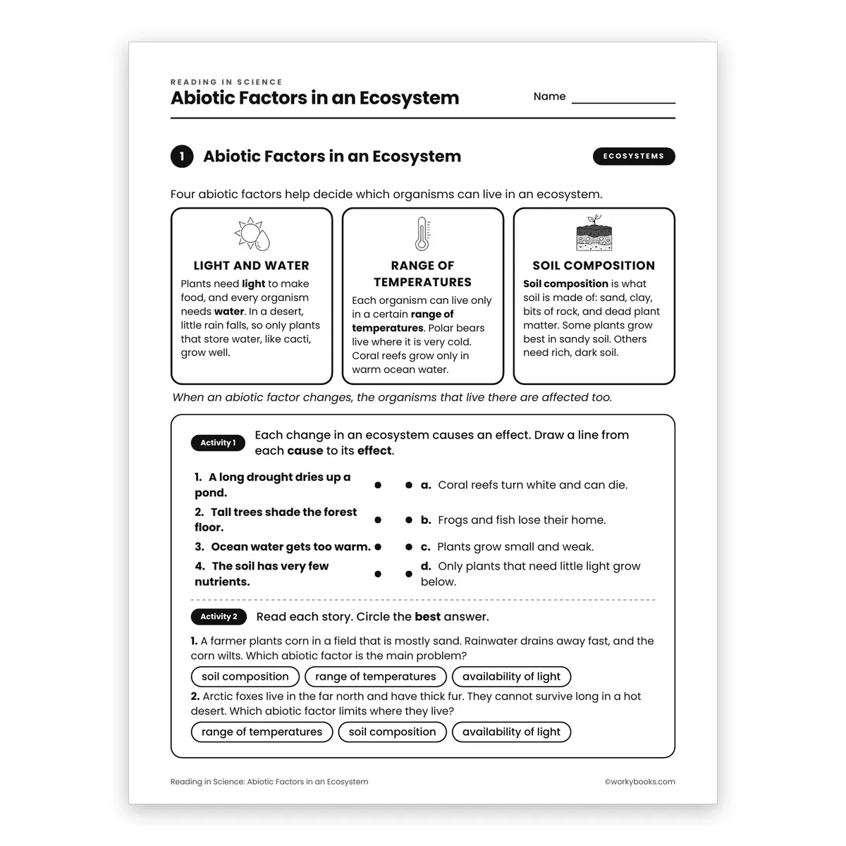 Abiotic Factors in an Ecosystem — science worksheet for Grade 6, page 1 of 2